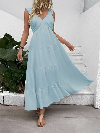 Resort Style Sleeveless V Neck Tiered Long Dress