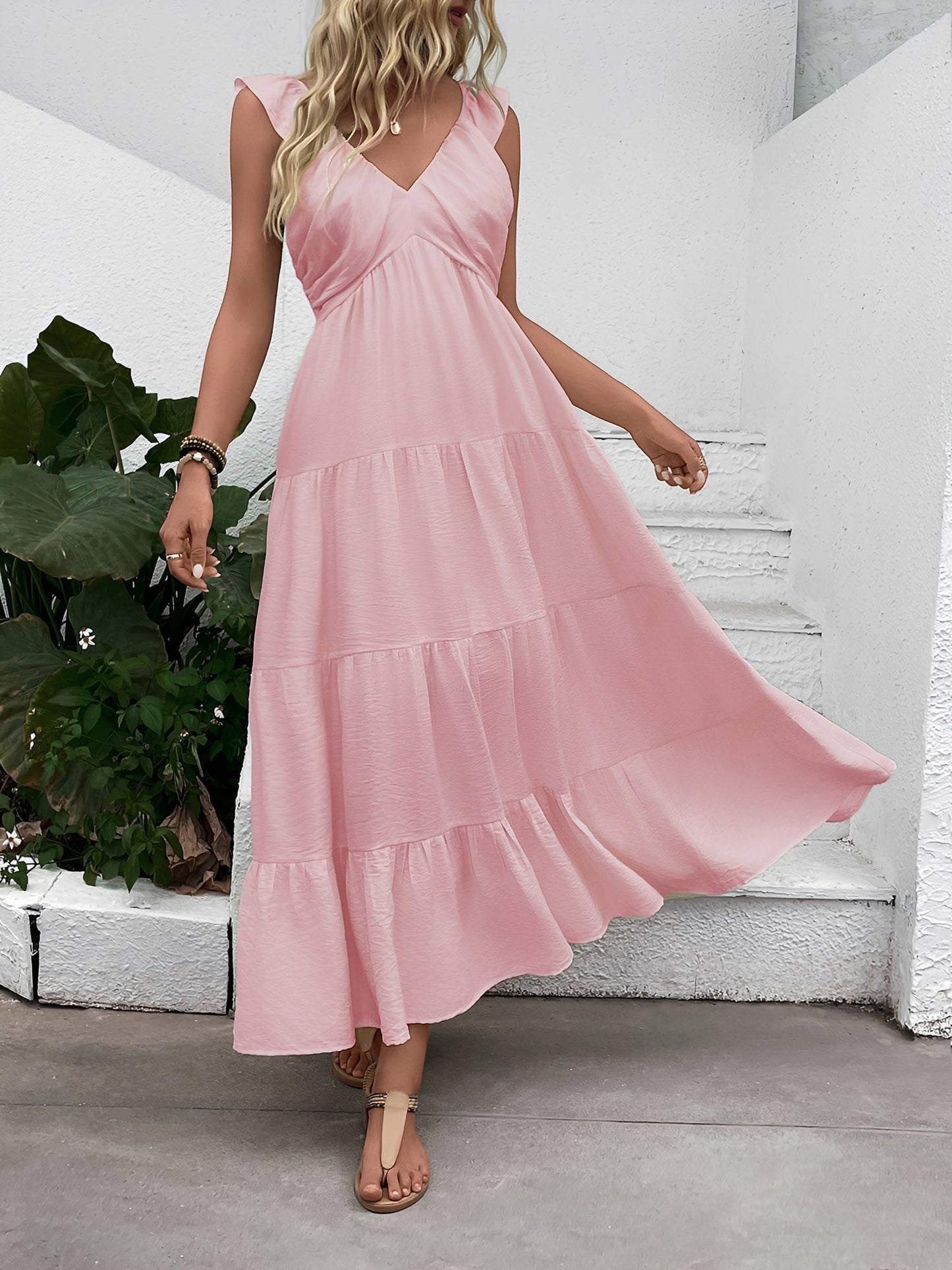 Resort Style Sleeveless V Neck Tiered Long Dress