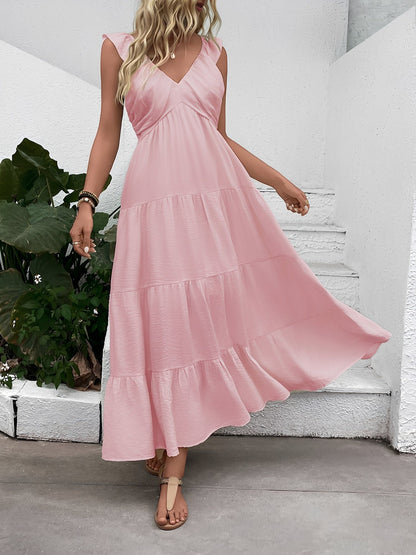 Resort Style Sleeveless V Neck Tiered Long Dress