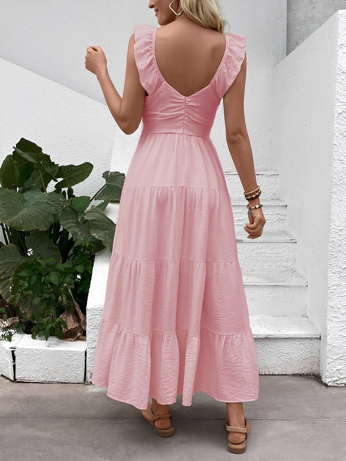Resort Style Sleeveless V Neck Tiered Long Dress
