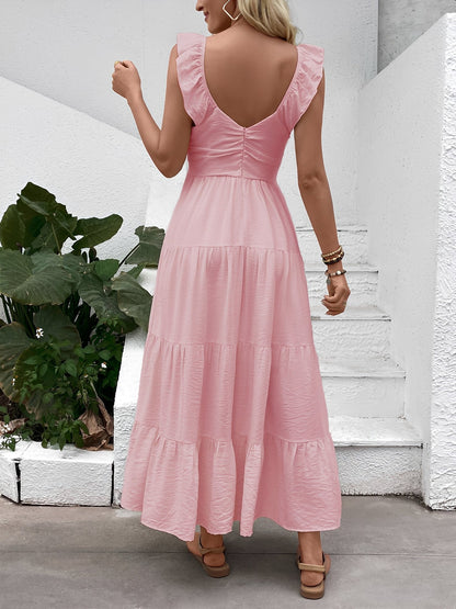 Resort Style Sleeveless V Neck Tiered Long Dress
