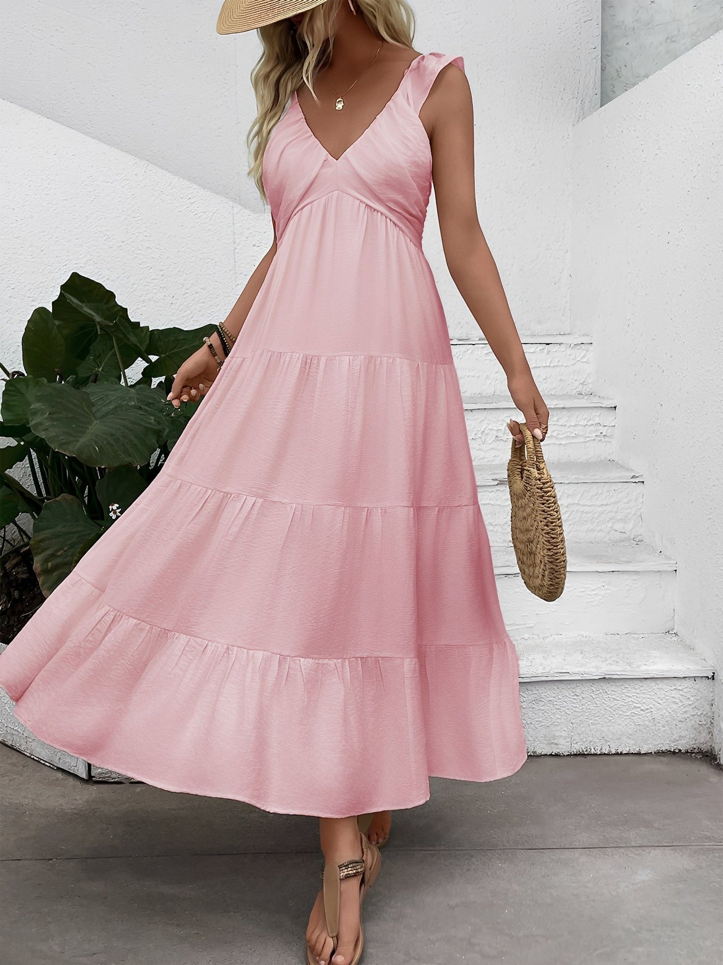 Resort Style Sleeveless V Neck Tiered Long Dress