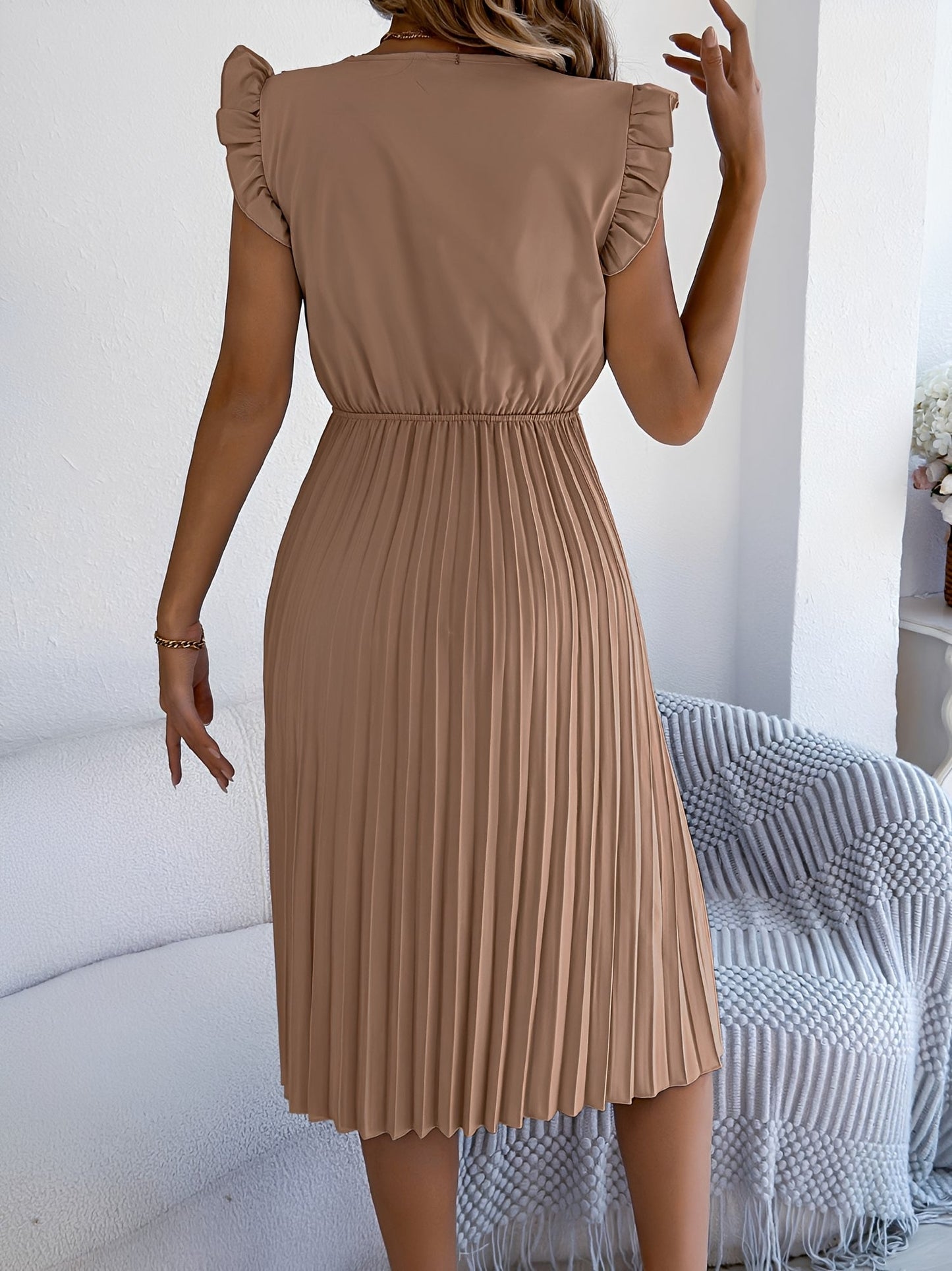 Lace Trim V Neck Ruffled Cap Sleeves Pleated A-Line Dress