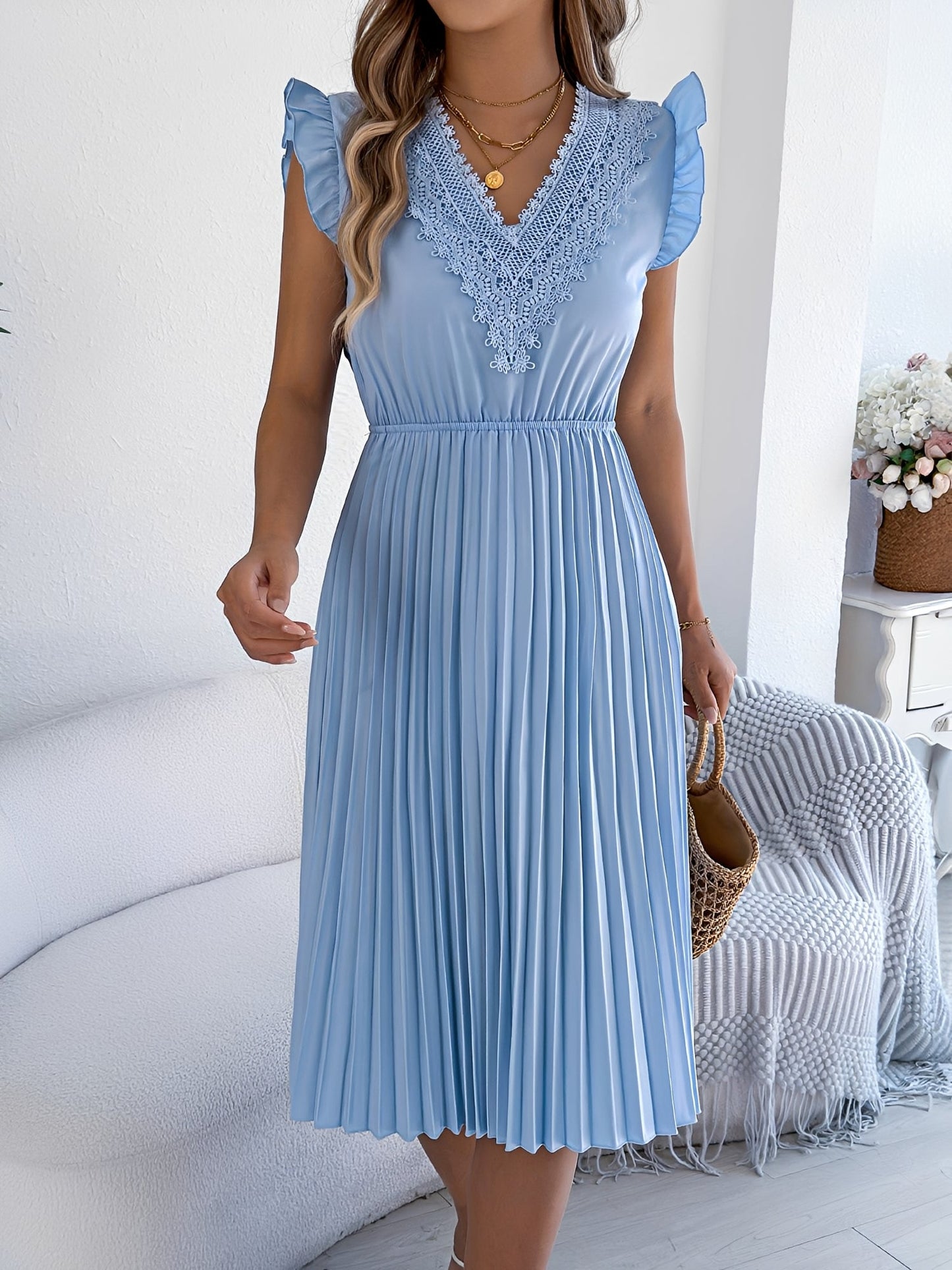 Lace Trim V Neck Ruffled Cap Sleeves Pleated A-Line Dress
