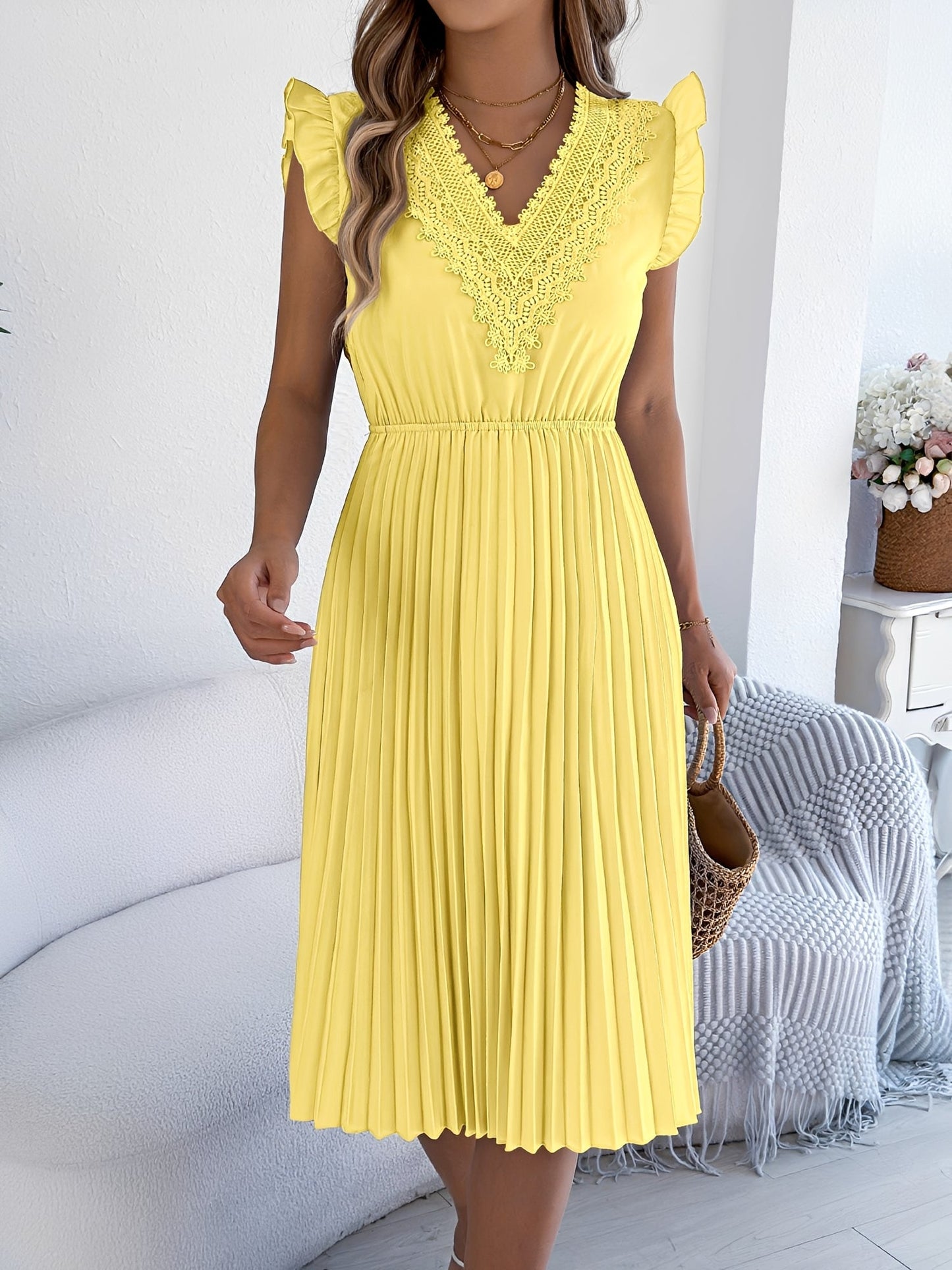 Lace Trim V Neck Ruffled Cap Sleeves Pleated A-Line Dress