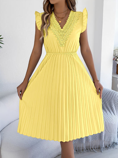 Lace Trim V Neck Ruffled Cap Sleeves Pleated A-Line Dress
