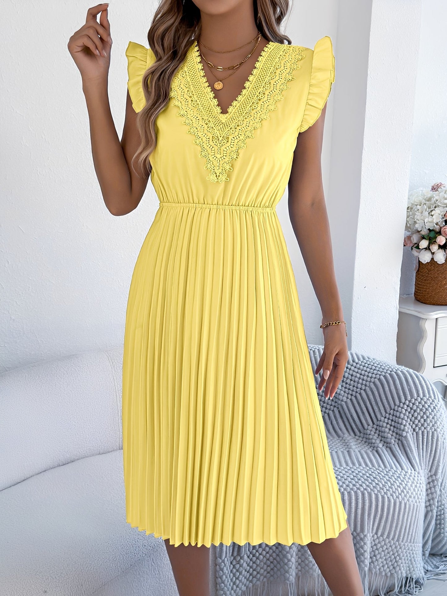 Lace Trim V Neck Ruffled Cap Sleeves Pleated A-Line Dress