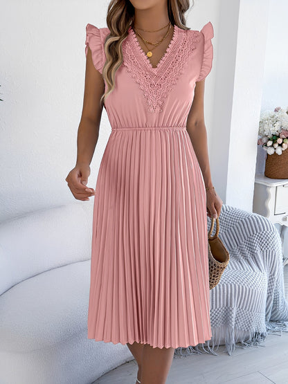 Lace Trim V Neck Ruffled Cap Sleeves Pleated A-Line Dress