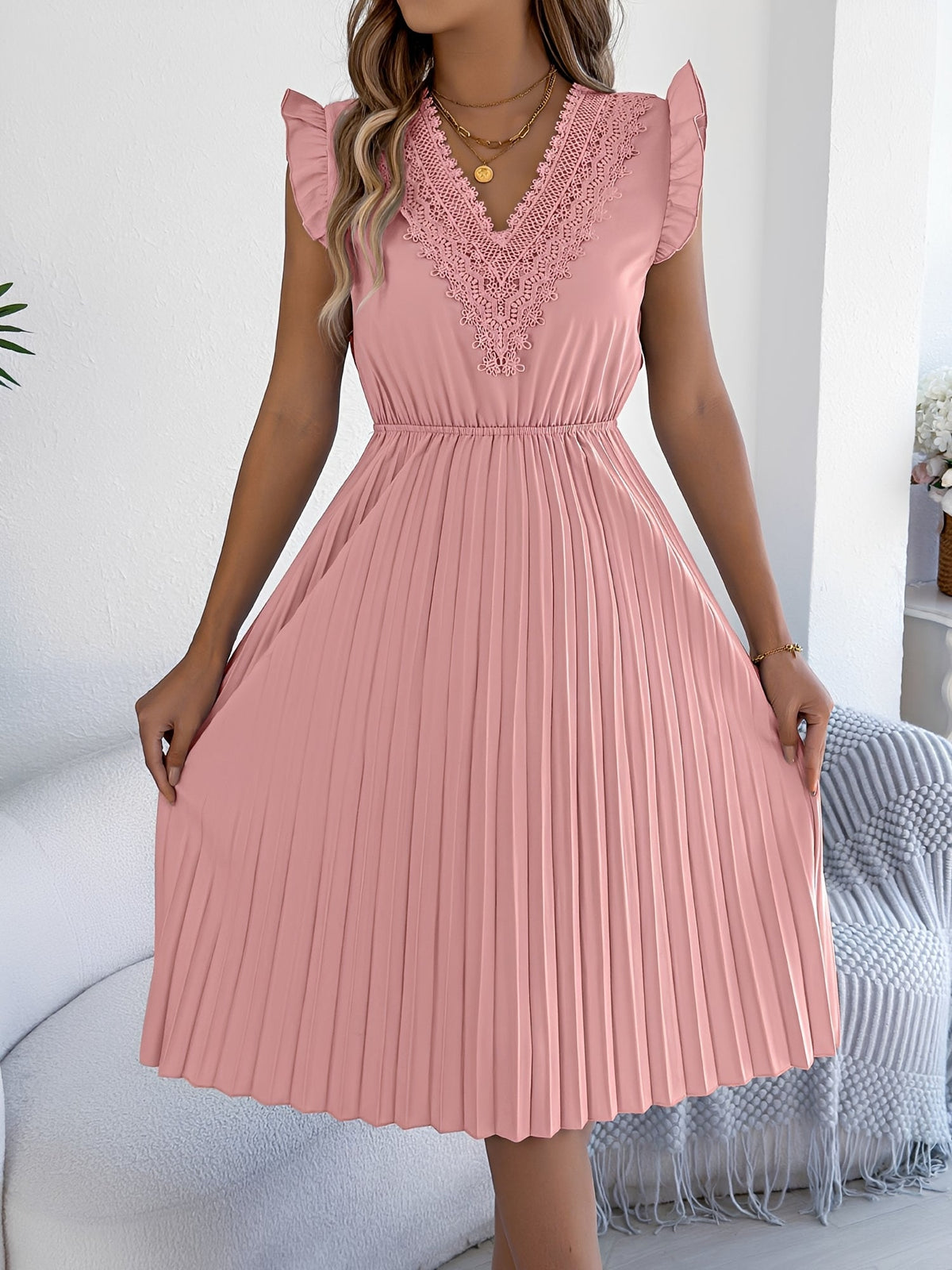 Lace Trim V Neck Ruffled Cap Sleeves Pleated A-Line Dress