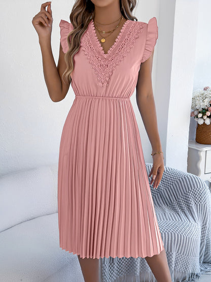 Lace Trim V Neck Ruffled Cap Sleeves Pleated A-Line Dress