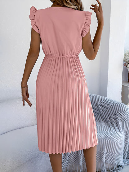 Lace Trim V Neck Ruffled Cap Sleeves Pleated A-Line Dress