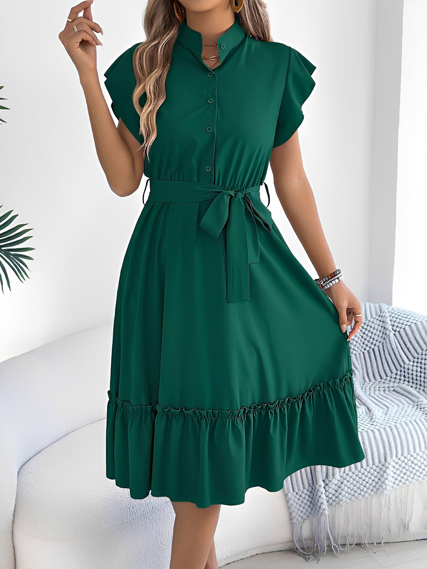 Stand Collar Ruffle Tie-Waist Midi Shirt Dress