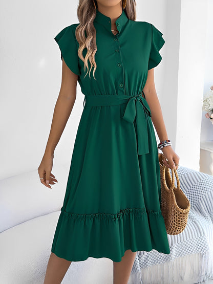 Stand Collar Ruffle Tie-Waist Midi Shirt Dress