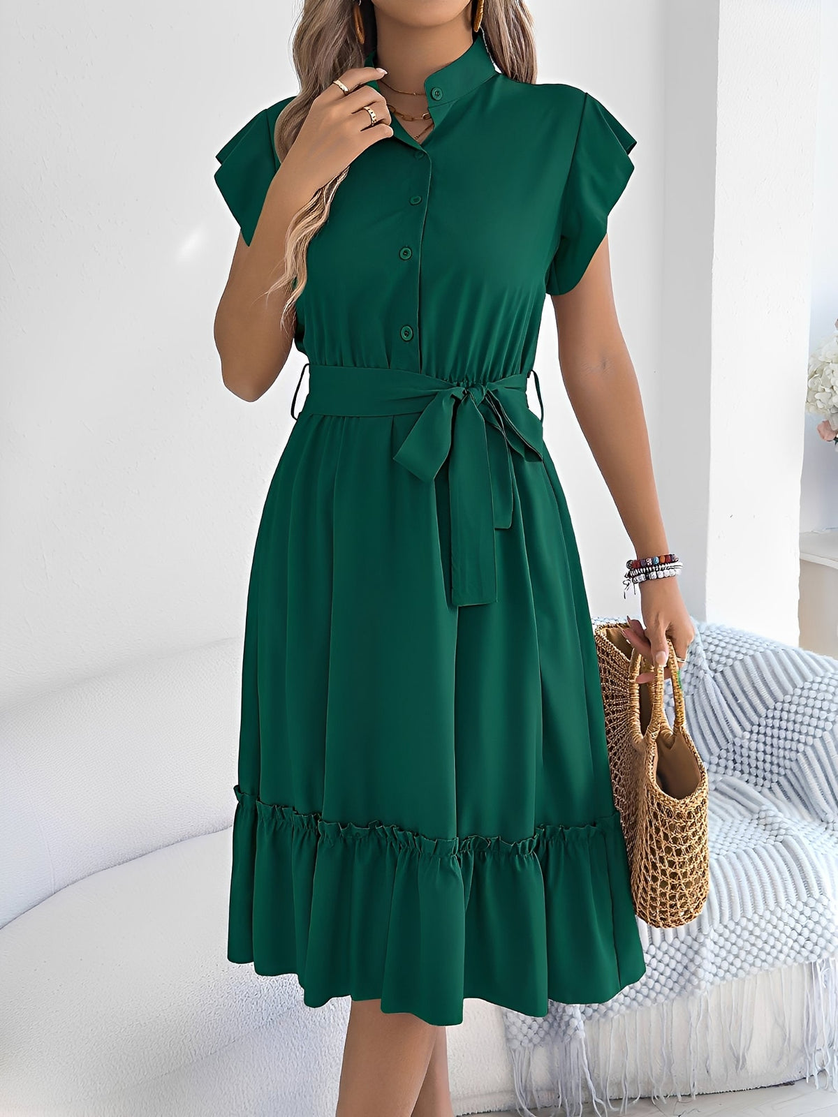 Stand Collar Ruffle Tie-Waist Midi Shirt Dress