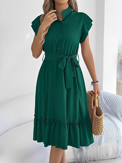Stand Collar Ruffle Tie-Waist Midi Shirt Dress