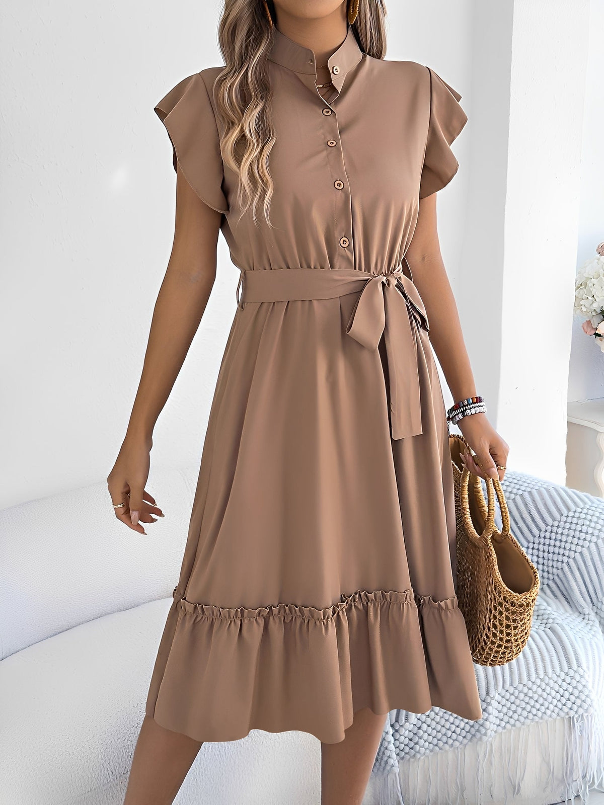 Stand Collar Ruffle Tie-Waist Midi Shirt Dress