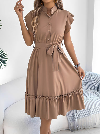 Stand Collar Ruffle Tie-Waist Midi Shirt Dress
