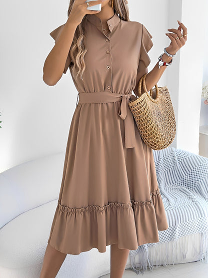 Stand Collar Ruffle Tie-Waist Midi Shirt Dress