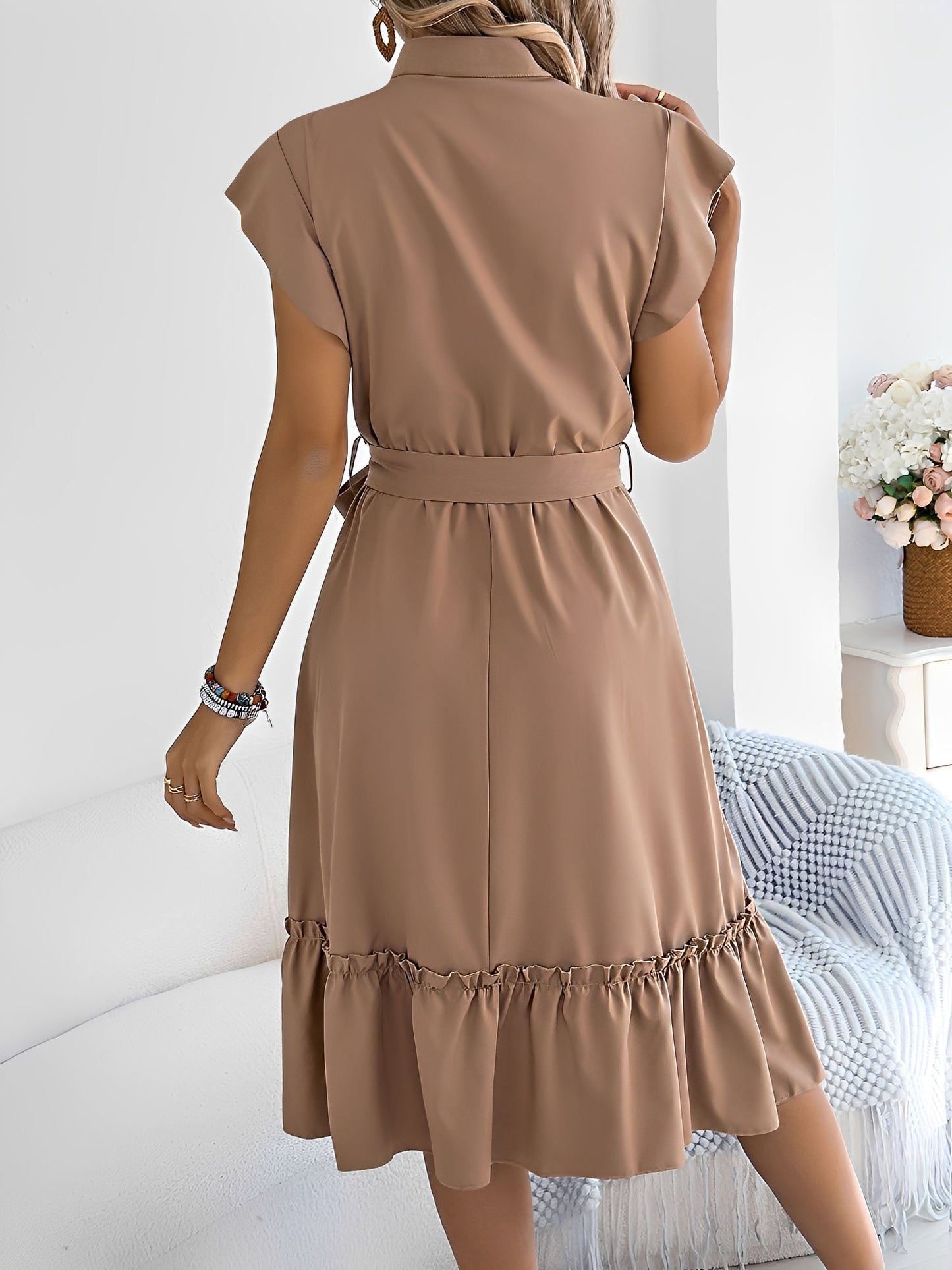 Stand Collar Ruffle Tie-Waist Midi Shirt Dress
