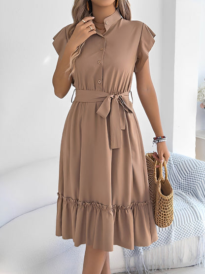 Stand Collar Ruffle Tie-Waist Midi Shirt Dress