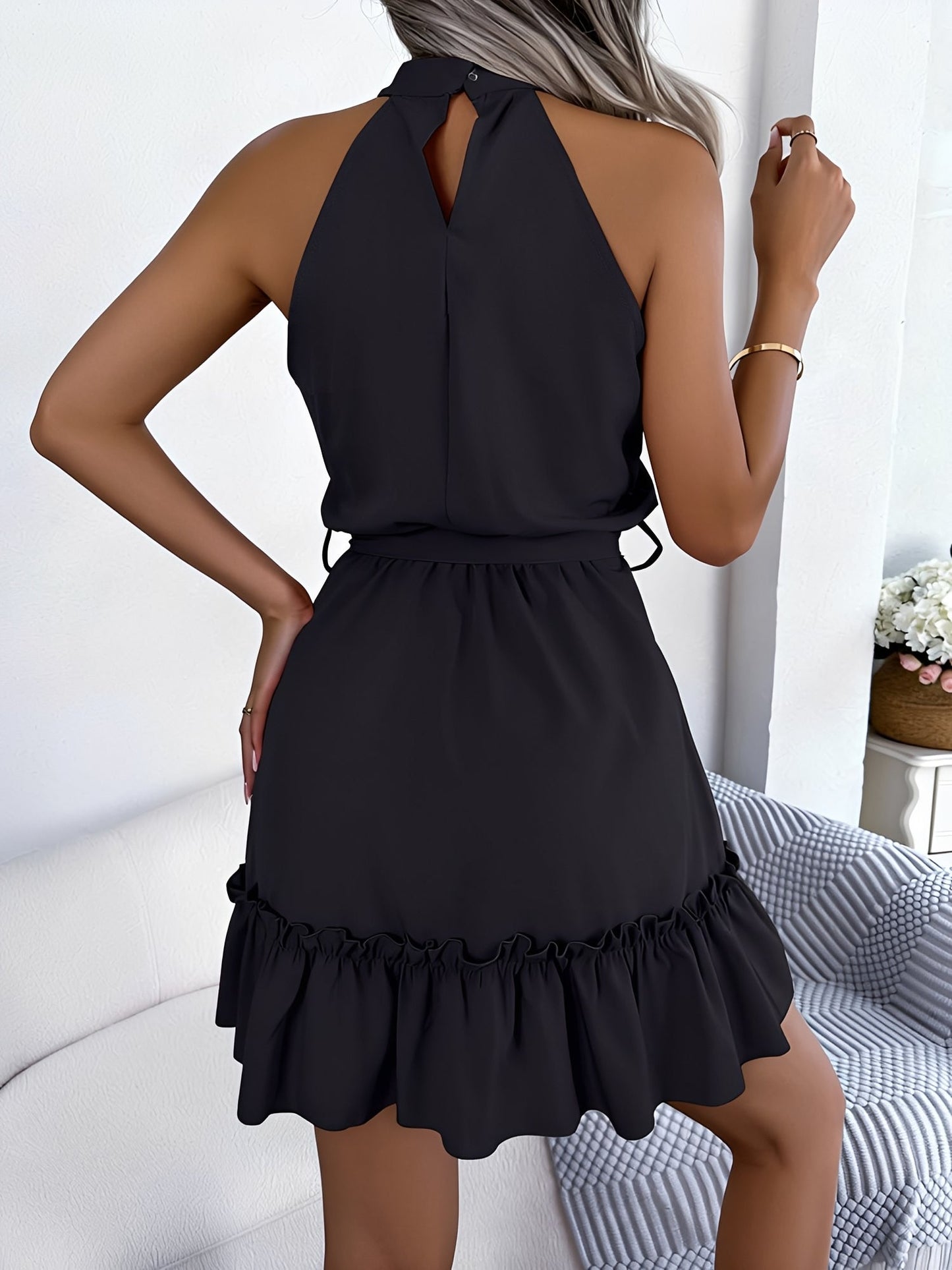 Solid Color Sleeveless Ruffled A-Line Mini Dress