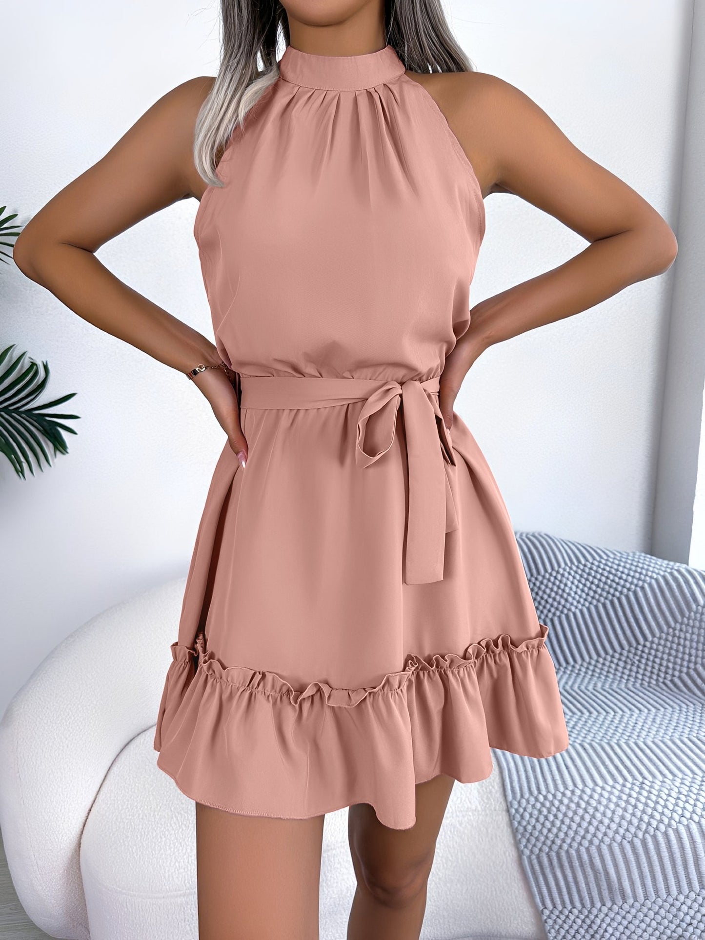 Solid Color Sleeveless Ruffled A-Line Mini Dress
