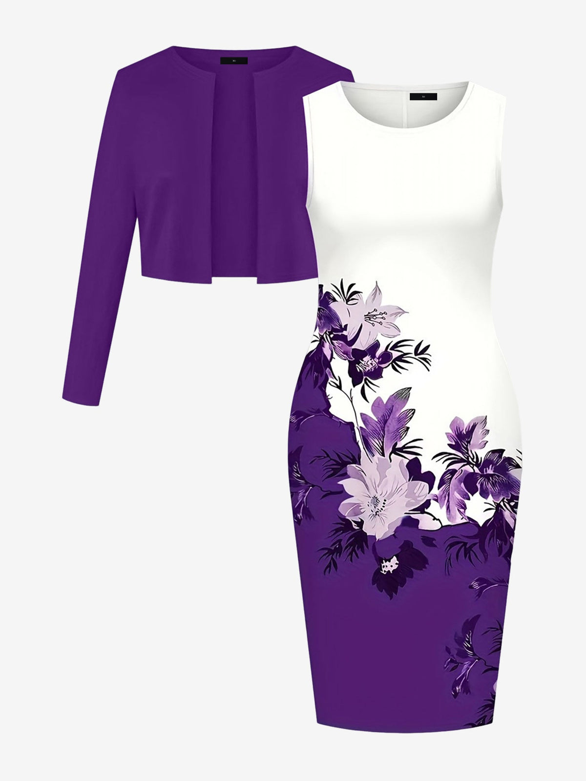 2 Pieces Long Sleeves Cropped Jacket & Sleeveless Printed Midi Sheath Dress Matching Set