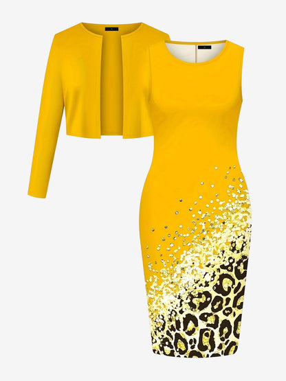 2 Pieces Long Sleeves Cropped Jacket & Sleeveless Printed Midi Sheath Dress Matching Set
