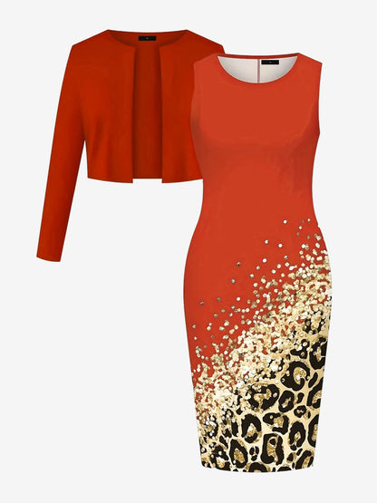 2 Pieces Long Sleeves Cropped Jacket & Sleeveless Printed Midi Sheath Dress Matching Set