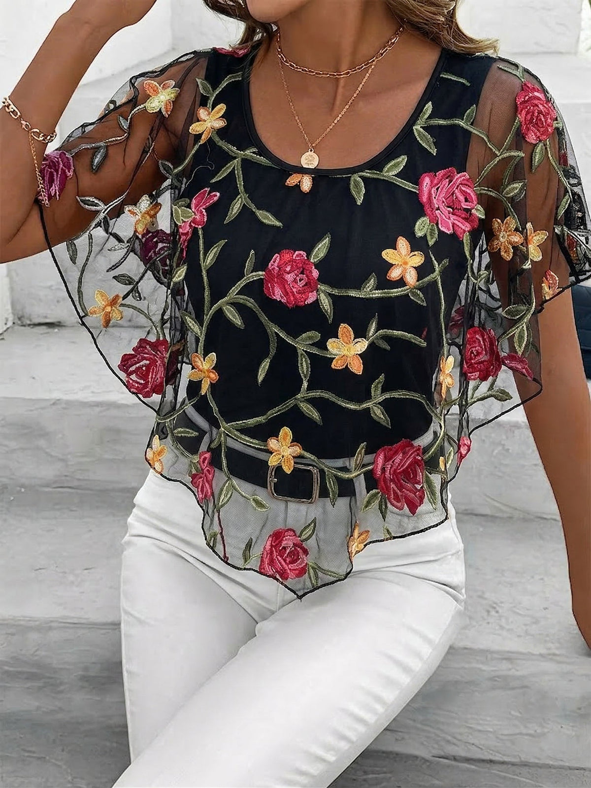 Mesh Ruffled Floral Embroidered Cape Sleeves Blouse