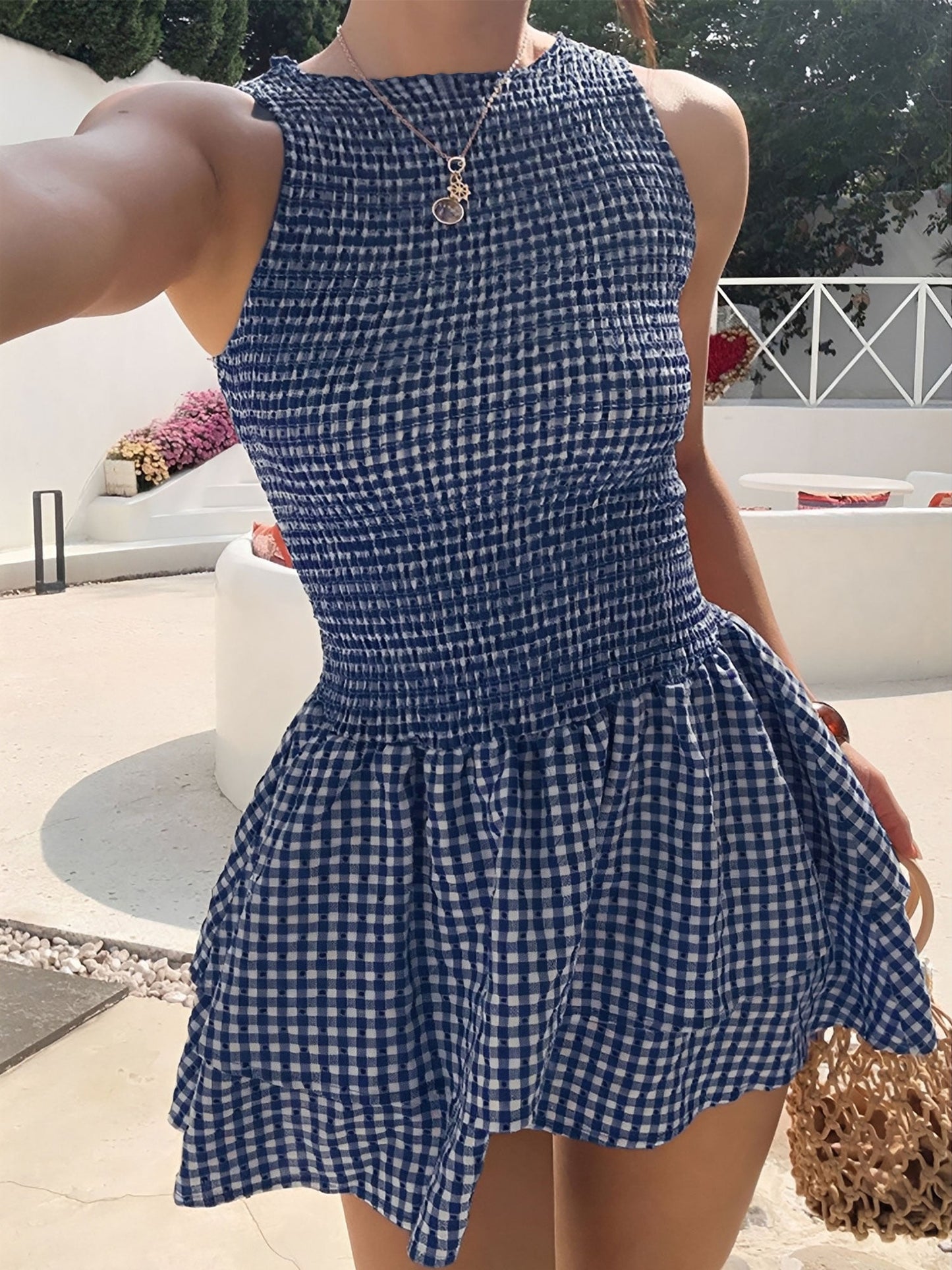 Gingham Smocked Sleeveless Ruffled Layered Mini Dress