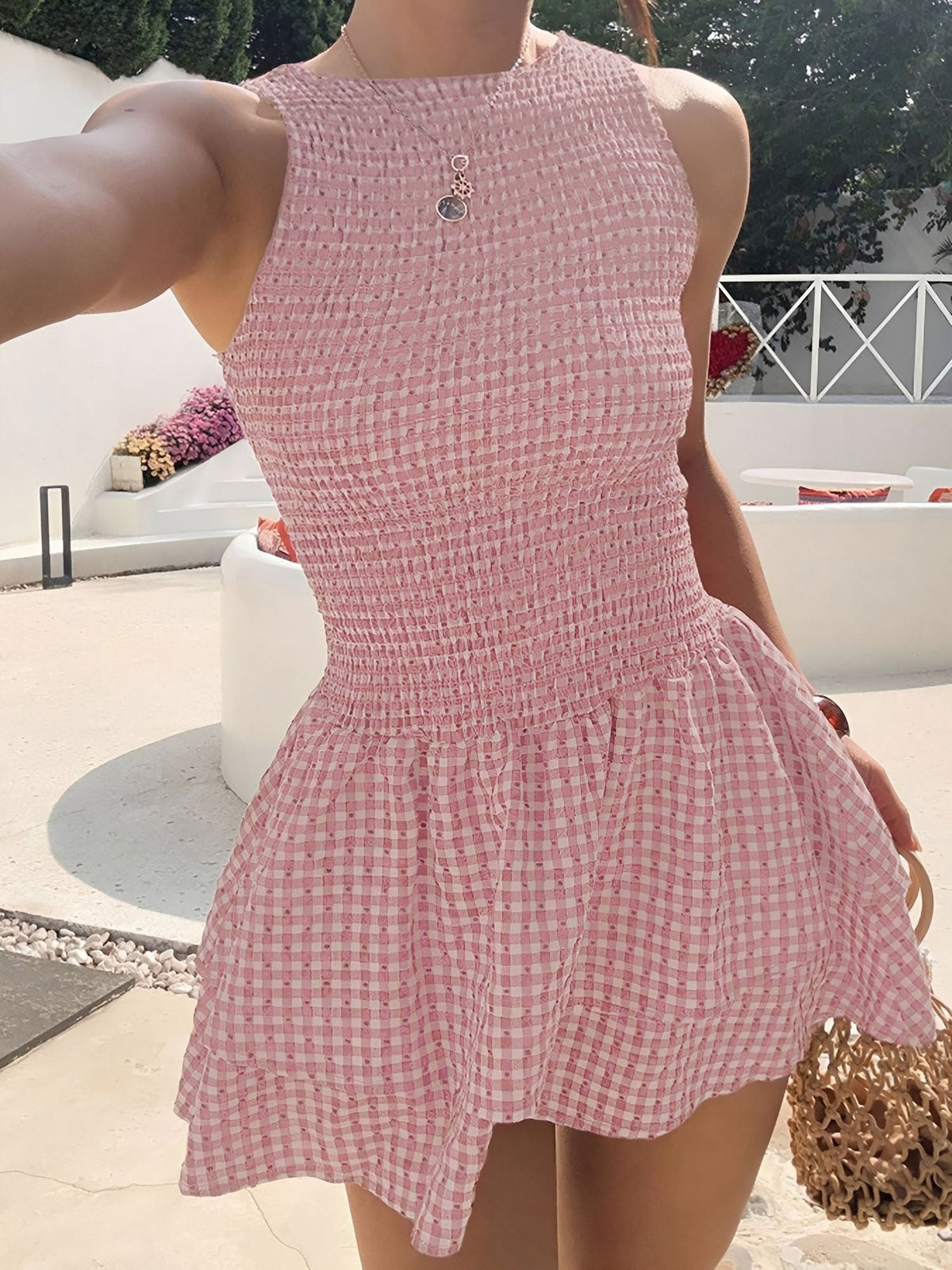 Gingham Smocked Sleeveless Ruffled Layered Mini Dress