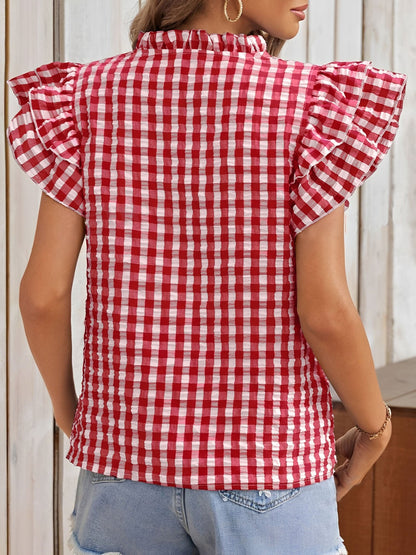 Gingham Double-Layer Ruffled Sleeves Blouse