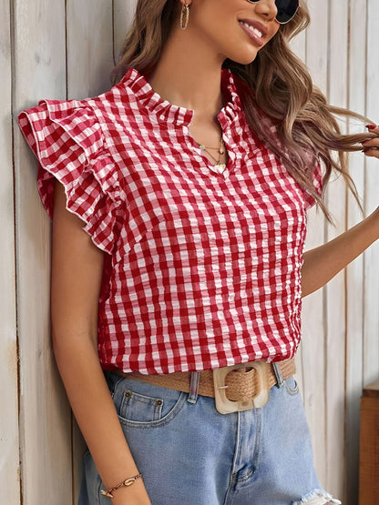 Gingham Double-Layer Ruffled Sleeves Blouse