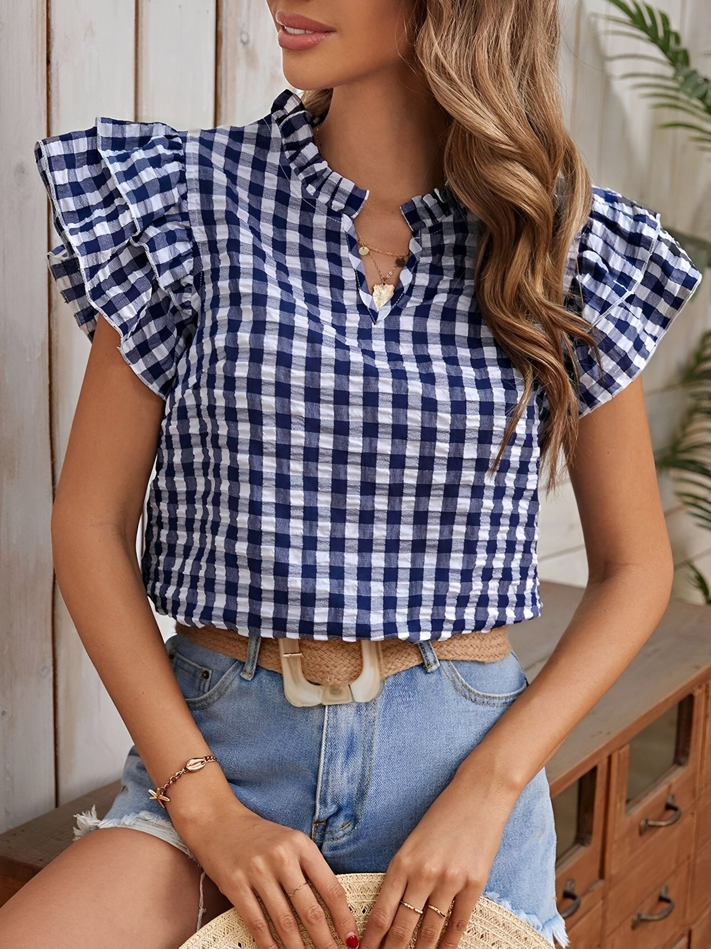 Gingham Double-Layer Ruffled Sleeves Blouse