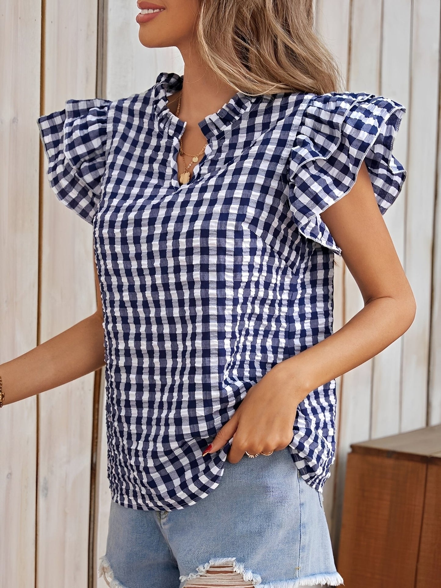 Gingham Double-Layer Ruffled Sleeves Blouse