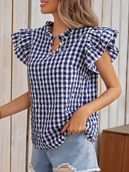 Gingham Double-Layer Ruffled Sleeves Blouse