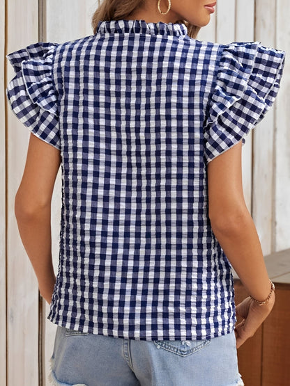 Gingham Double-Layer Ruffled Sleeves Blouse