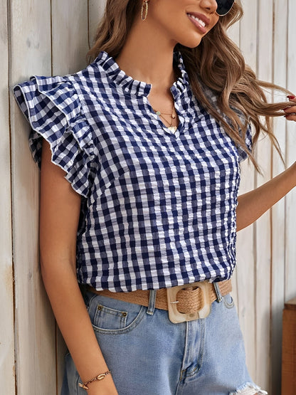 Gingham Double-Layer Ruffled Sleeves Blouse