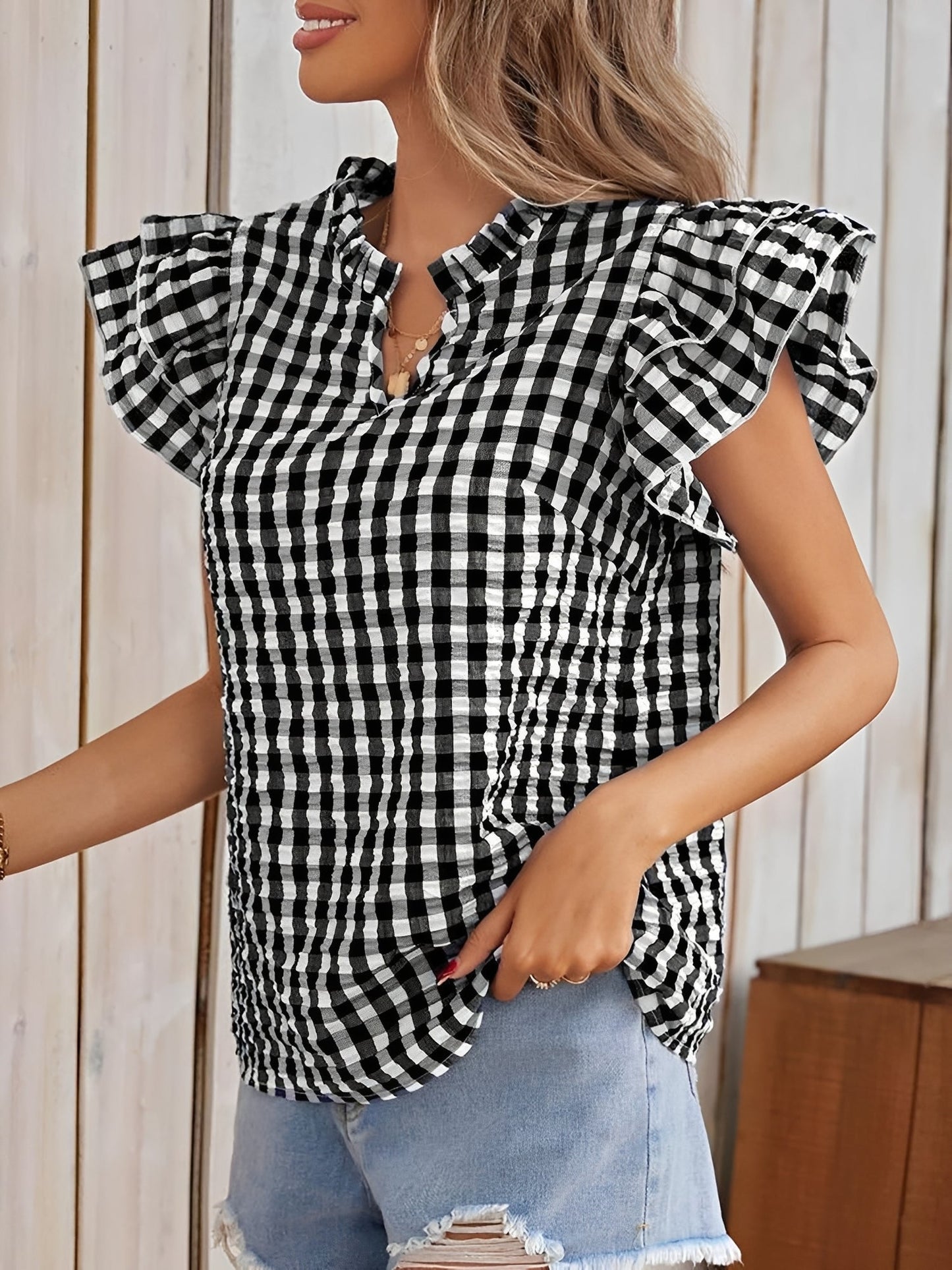 Gingham Double-Layer Ruffled Sleeves Blouse