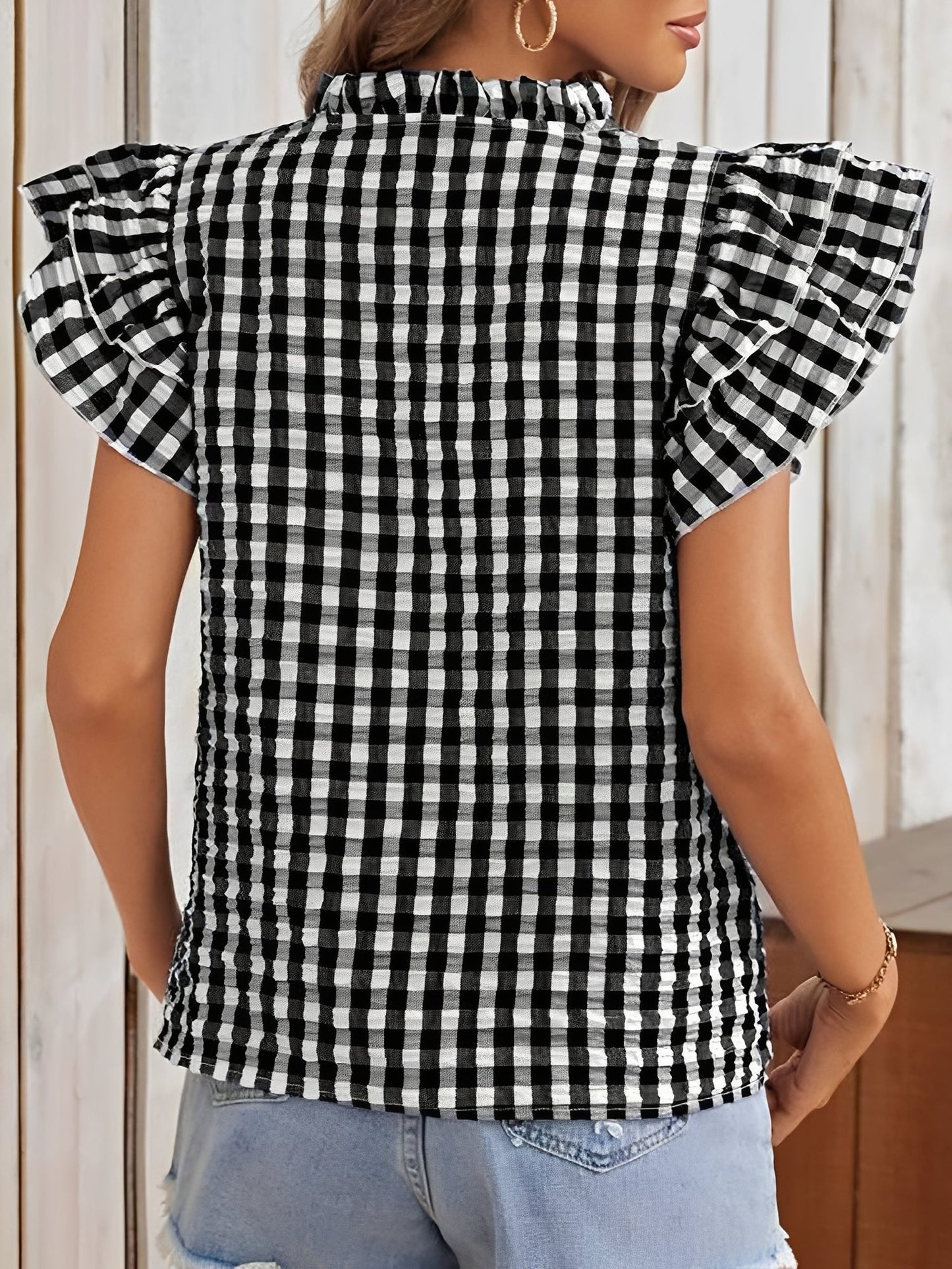Gingham Double-Layer Ruffled Sleeves Blouse