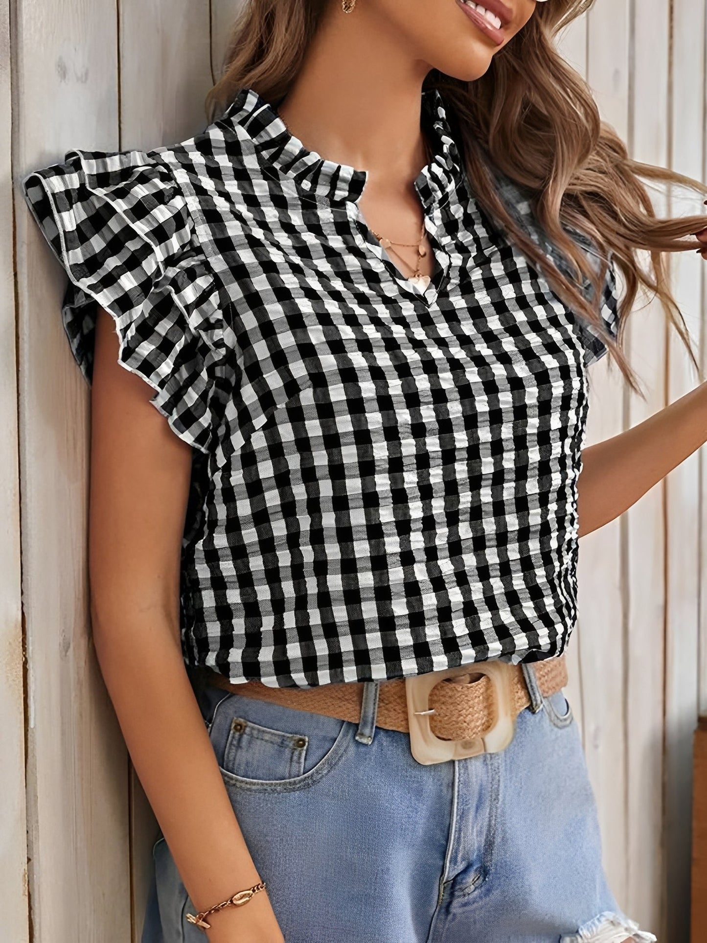 Gingham Double-Layer Ruffled Sleeves Blouse