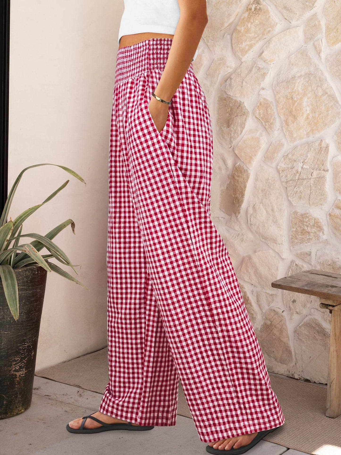Gingham Elastic Waist Pocket Wide Legs Long Trousers Pants