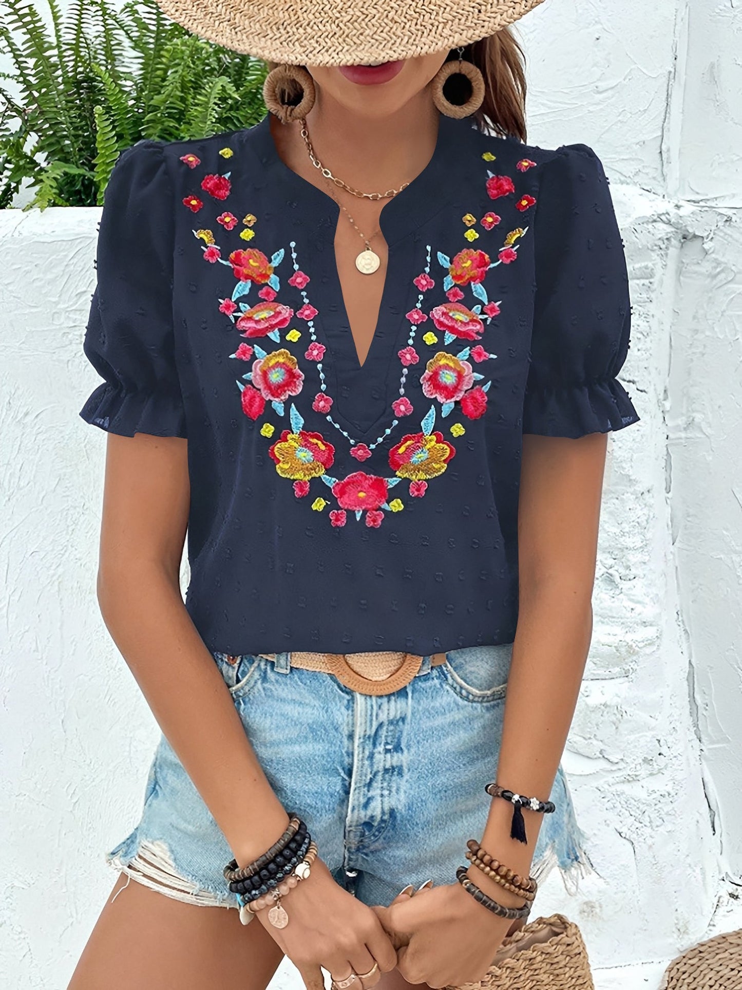 Floral Embroidered Swiss Dots Puff Sleeves Blouse