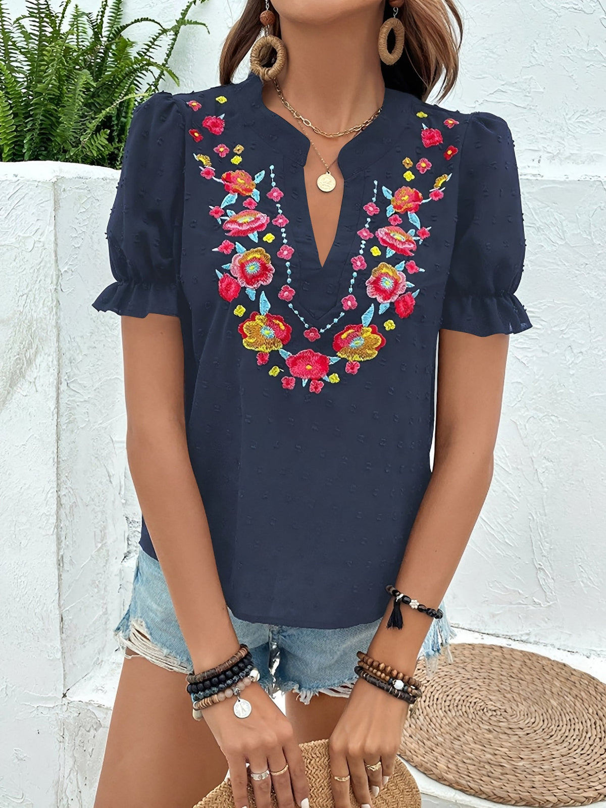 Floral Embroidered Swiss Dots Puff Sleeves Blouse