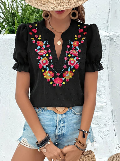 Floral Embroidered Swiss Dots Puff Sleeves Blouse