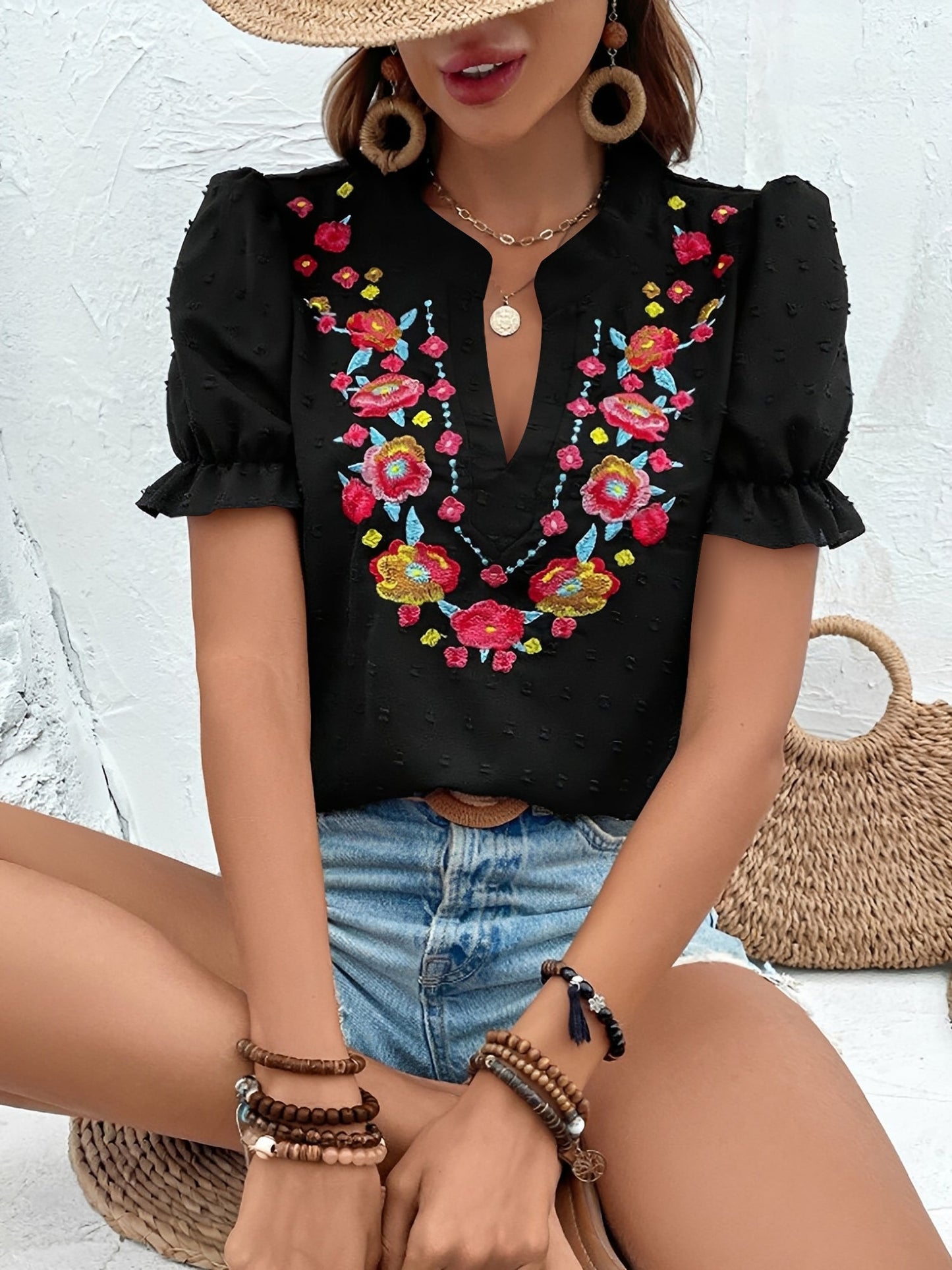 Floral Embroidered Swiss Dots Puff Sleeves Blouse