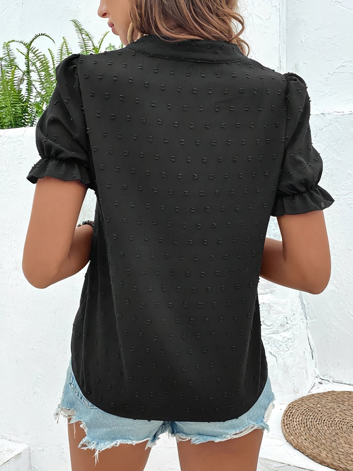 Floral Embroidered Swiss Dots Puff Sleeves Blouse