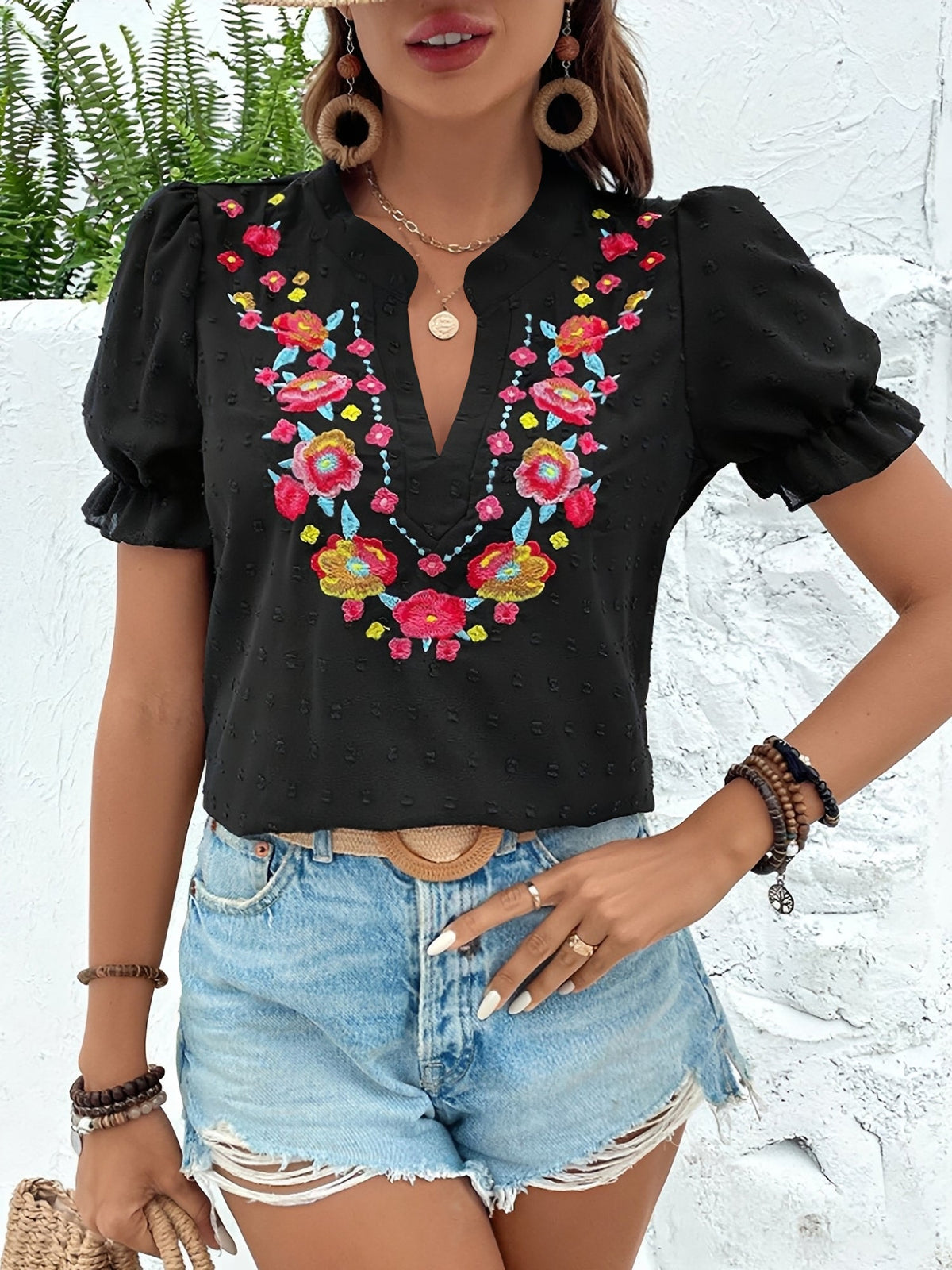 Floral Embroidered Swiss Dots Puff Sleeves Blouse