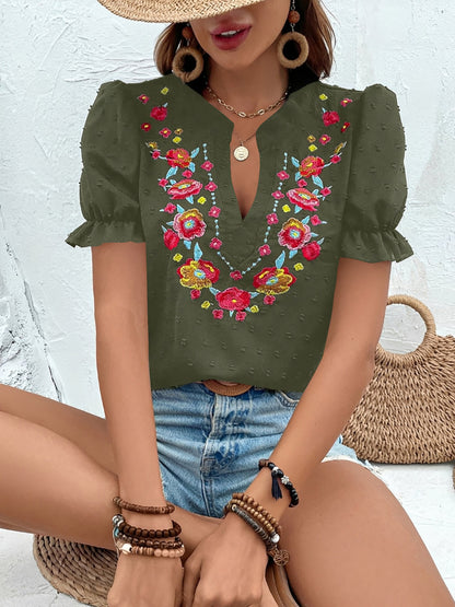 Floral Embroidered Swiss Dots Puff Sleeves Blouse